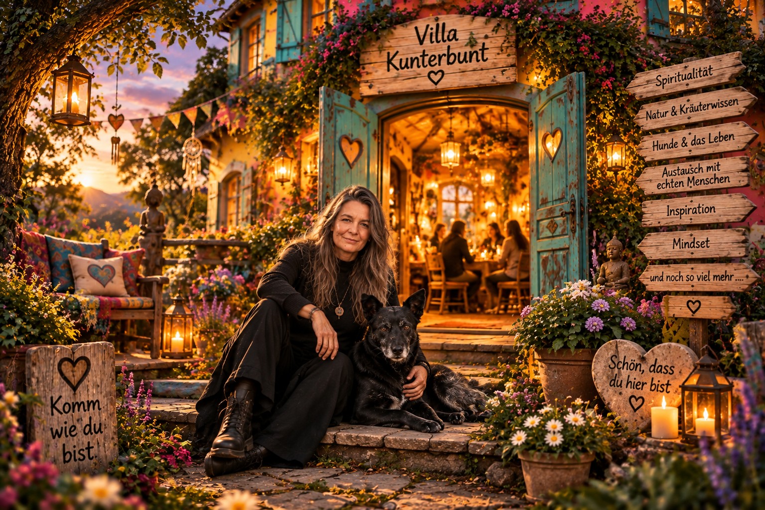 Sabine und Marla vor der warm erleuchteten Villa Kunterbunt